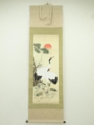 珠香筆　松竹梅鶴亀　肉筆絹本掛軸（箱付）